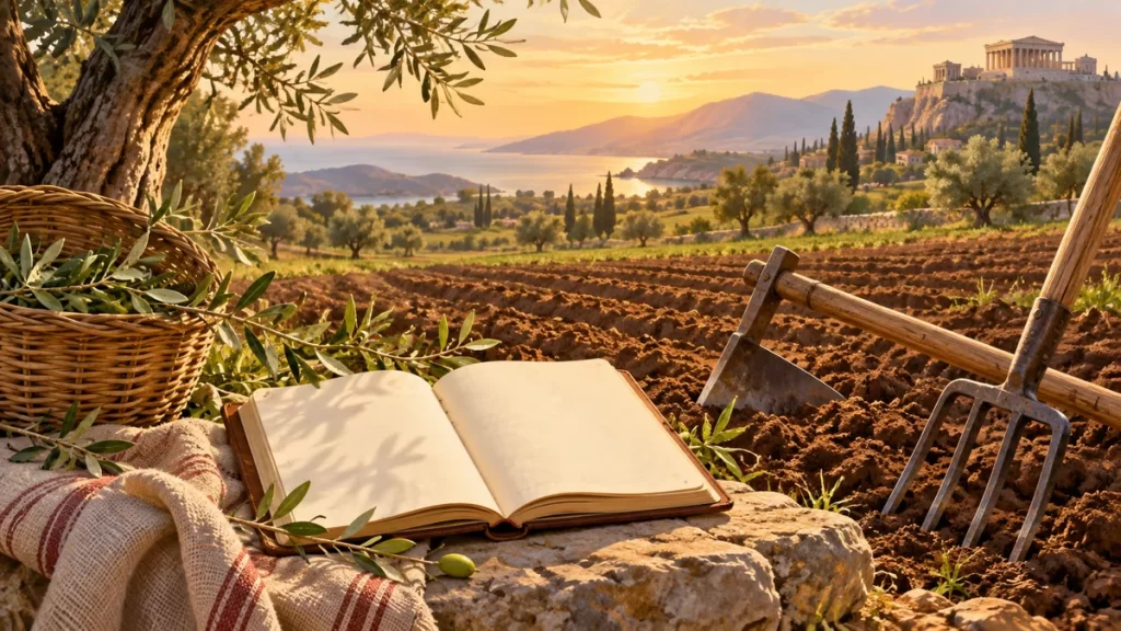 Cuaderno abierto frente a un paisaje agrícola mediterráneo imaginado.