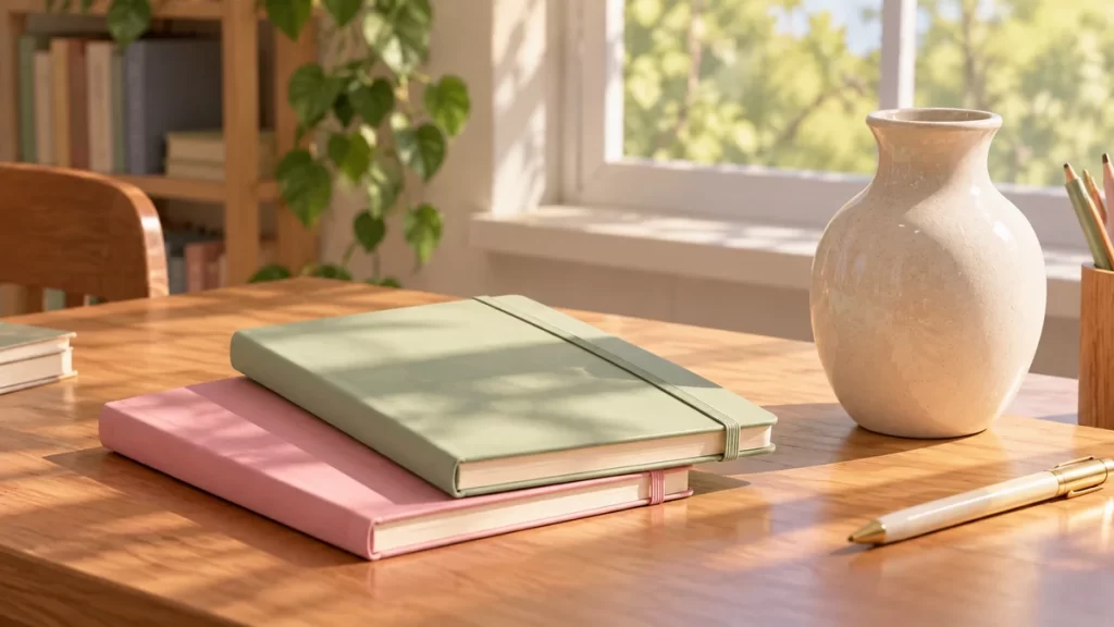 Libros, cuaderno y flores en un espacio de estudio junto a una ventana.