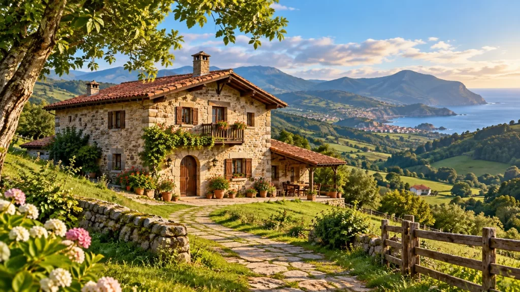 Casa de piedra imaginada ante un paisaje de montañas y costa.