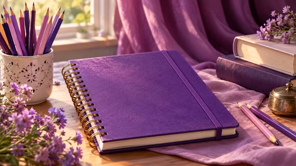 Melanie y Melany: origen griego, significado y escritura 1 Cuaderno morado, lápices y libros junto a una ventana.