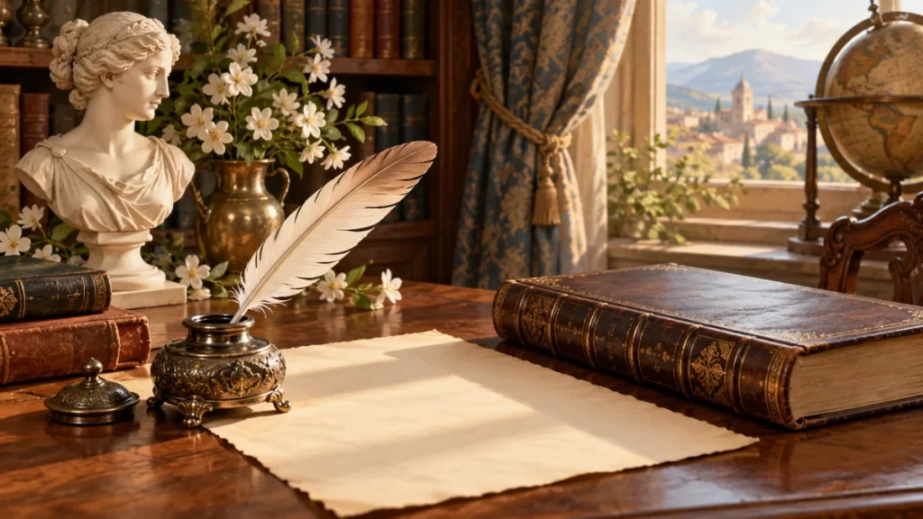 Vanessa: origen literario del nombre y variante Vanesa 1 Libros, pluma y escritorio de inspiración literaria.