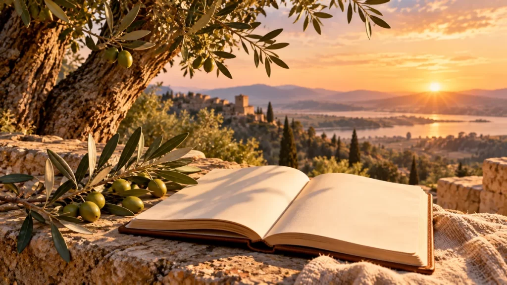 Daniel: origen, significado y variantes del nombre 1 Cuaderno abierto en blanco junto a un olivo al atardecer.