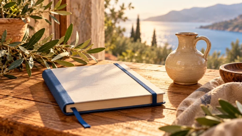 Cuaderno con cinta azul y una vasija junto a una ventana.