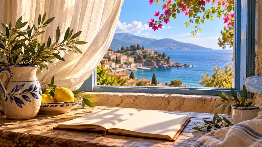 Ventana mediterránea con cuaderno abierto, plantas y vista al mar.
