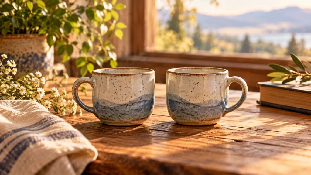 Tomás: significado de «gemelo», origen y variantes 1 Dos tazas de cerámica sobre una mesa junto a una ventana.