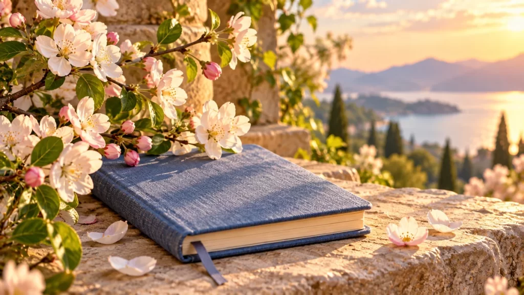 Libreta azul junto a ramas con flores.