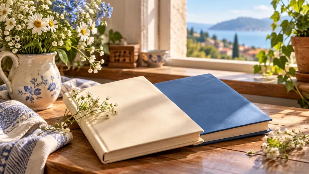 Dos cuadernos de tapas lisas y un ramo de flores junto a una ventana.
