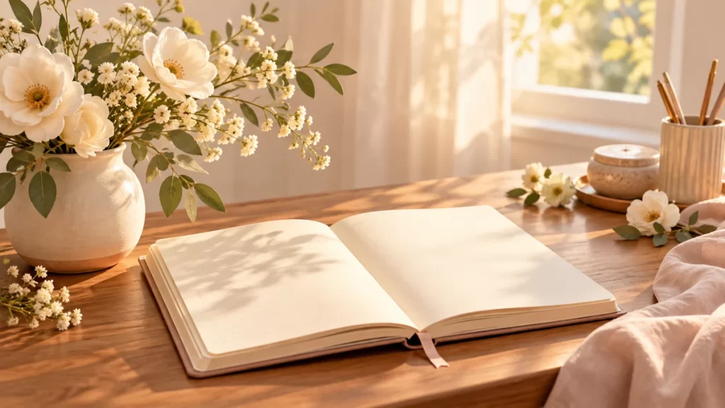 Flores blancas y cuaderno abierto sobre una mesa junto a una ventana.
