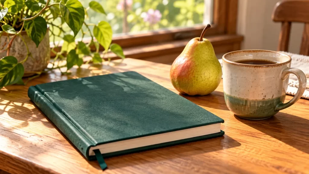 Cuaderno verde, una pera y una taza sobre una mesa.