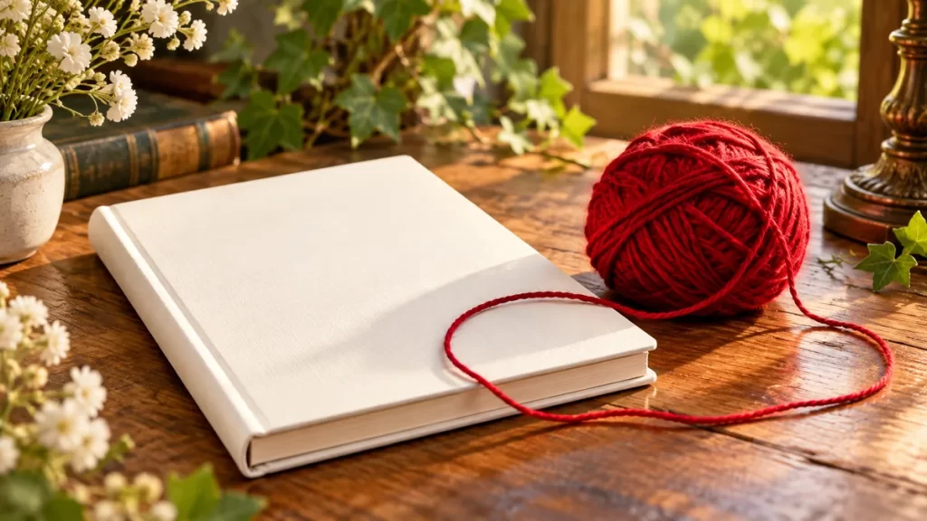 Cuaderno de páginas blancas y un ovillo de hilo rojo.
