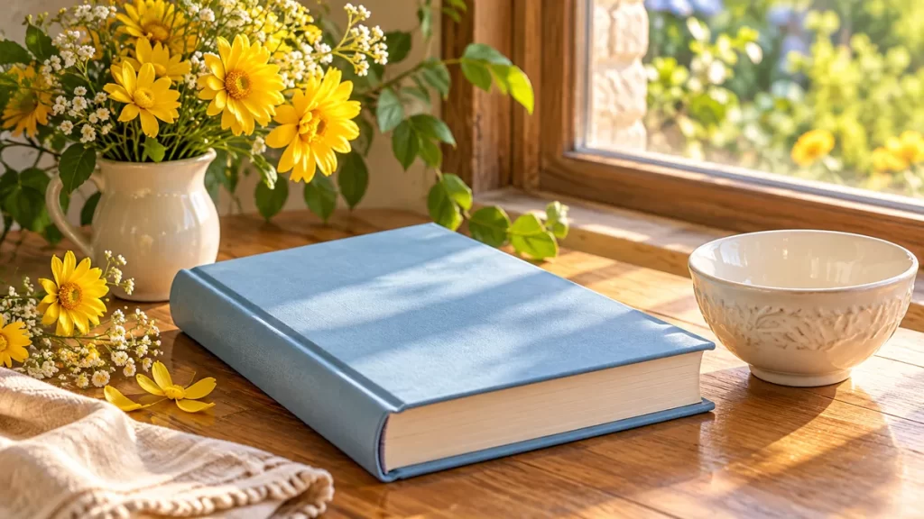 Libro azul claro y flores amarillas junto a una ventana.
