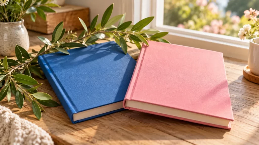 Dos cuadernos de tapas azul y rosa junto a una rama verde.