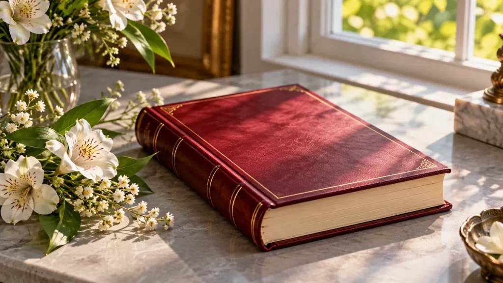 Roberto: origen, significado y formas del nombre 1 Libro granate y flores blancas sobre una mesa clara.