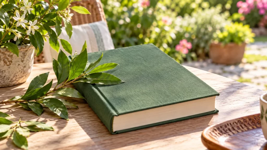 Laura: origen, significado y formas del nombre 1 Libro verde con una rama de laurel junto al jardín.