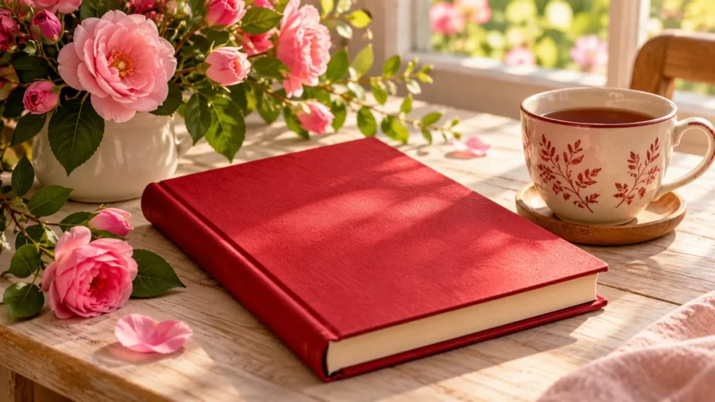 Cuaderno rojo y flores rosas sobre una mesa clara.