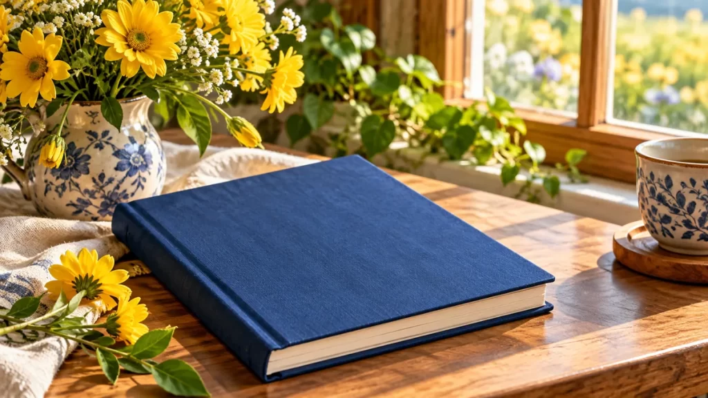 Mónica: origen, significado y formas del nombre 1 Libro azul añil y flores amarillas junto a una ventana.