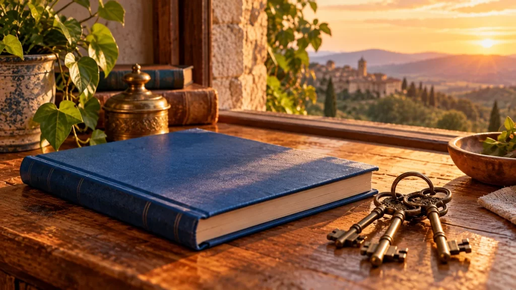 Libro azul y llaves antiguas junto a una ventana.