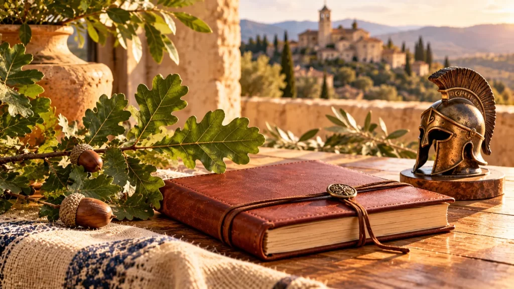 Libro sin texto junto a hojas de roble y un casco decorativo antiguo.