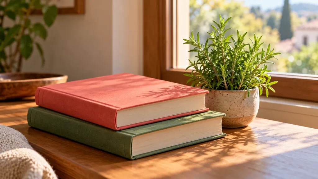 Libros coral y verde junto a una planta aromática.