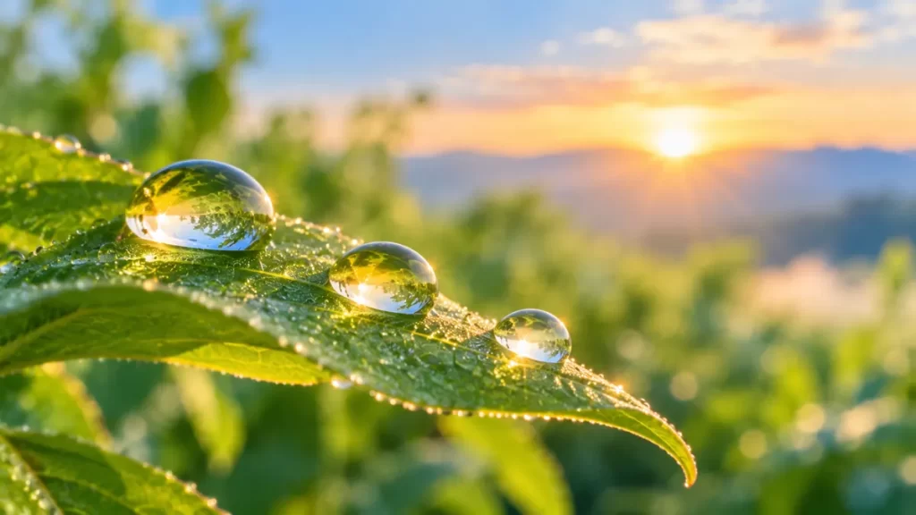 Gotas de rocío sobre hojas iluminadas por la luz del amanecer.