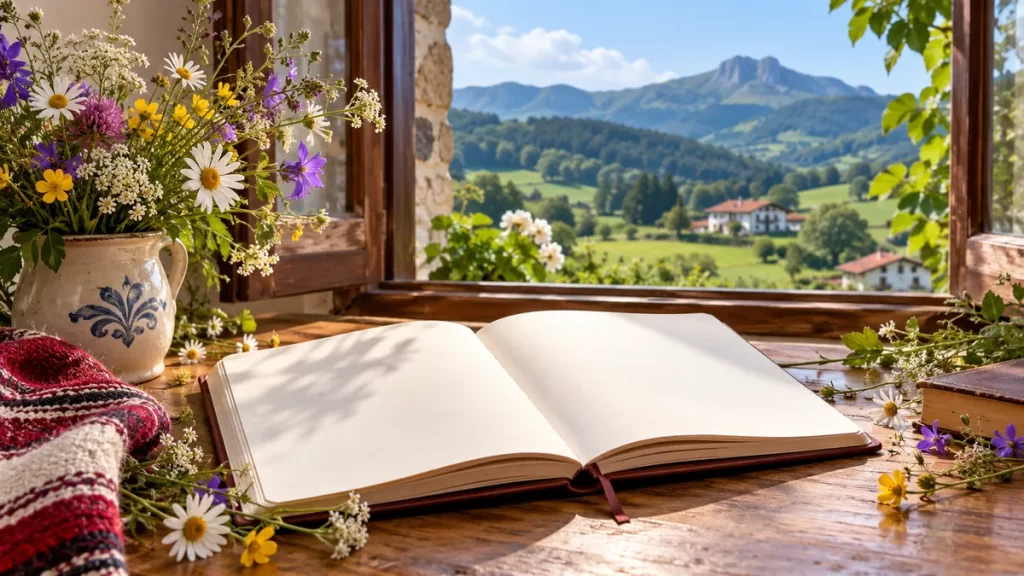 Cuaderno de páginas blancas y flores ante un paisaje verde imaginado.