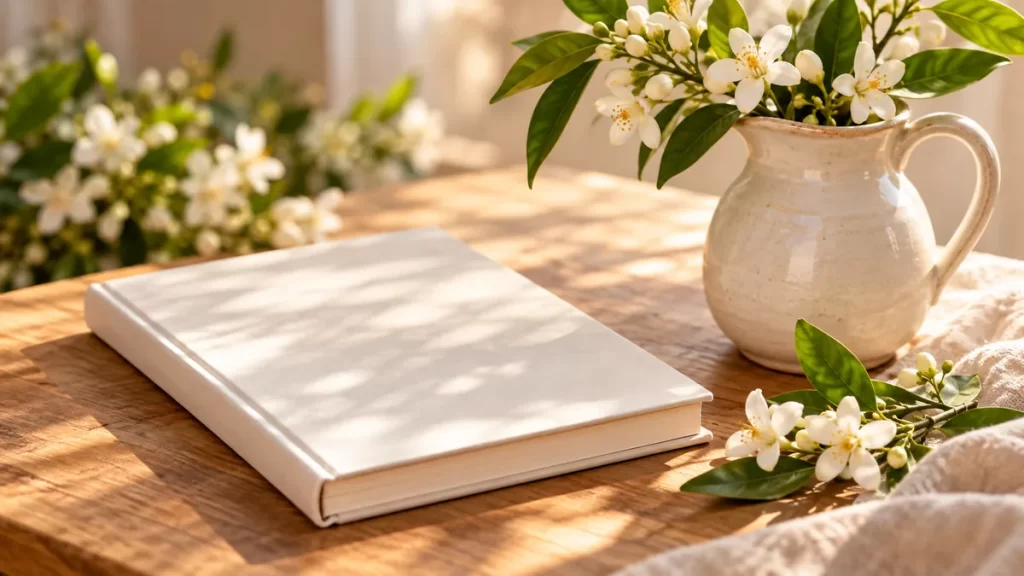 Cuaderno blanco y jarra de cerámica con flores sobre una mesa.