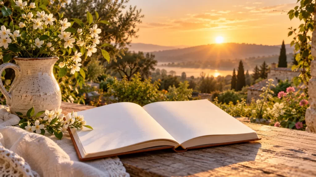 Alba: origen, significado y formas del nombre 1 Libro abierto sin texto junto a flores y un paisaje al amanecer.