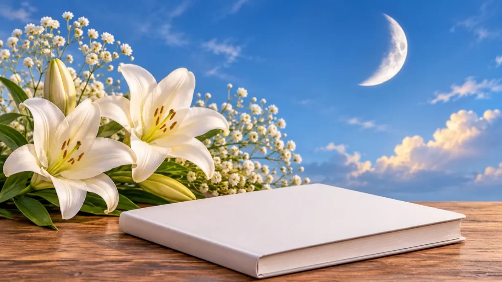 Cuaderno sin texto junto a flores blancas y una luna creciente.