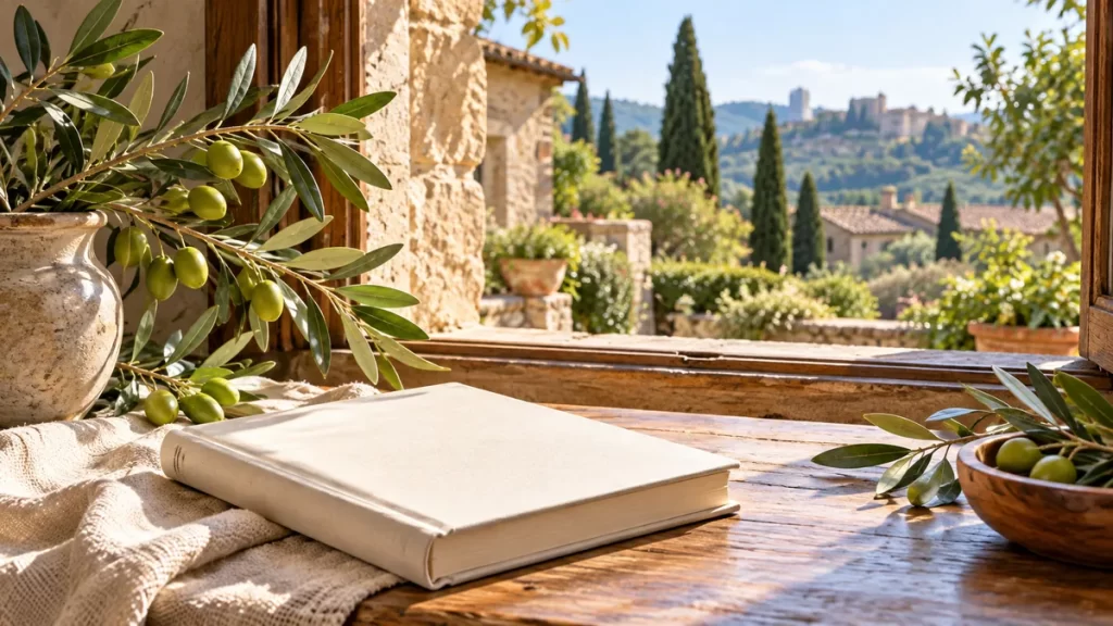 Cuaderno cerrado y ramas de olivo en un rincón de lectura imaginado.