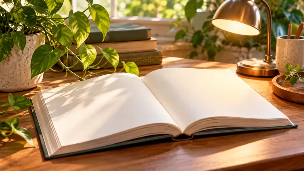 Libro abierto con páginas blancas bajo una lámpara de lectura.