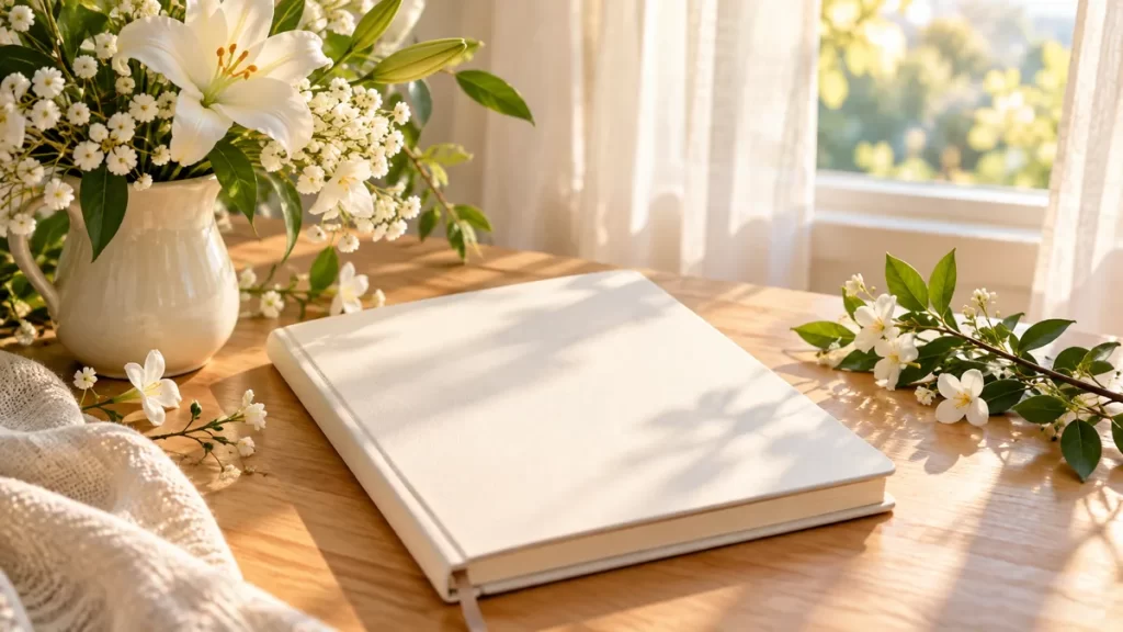 Cuaderno blanco y flores en una mesa iluminada por una ventana.