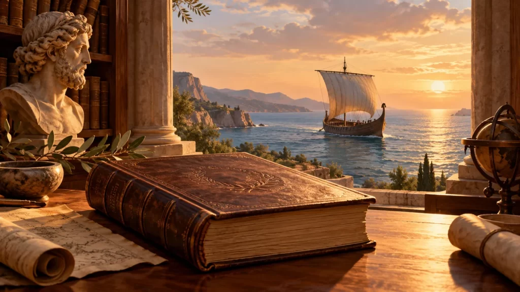 Barco velero y libro antiguo evocan la tradición de Ulises y Odiseo.