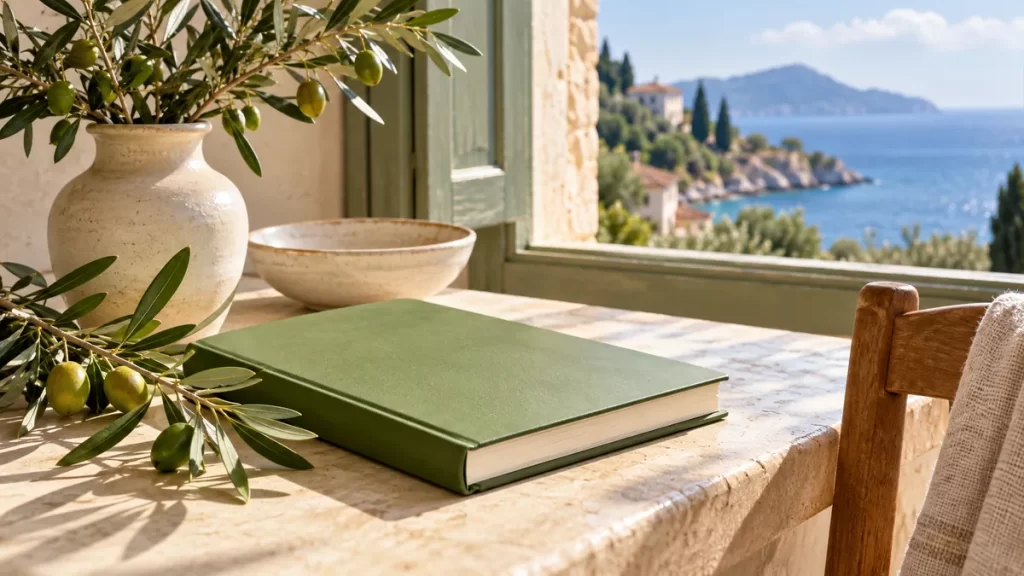 Olivia: origen, significado y formas del nombre 1 Libro de tapa verde y ramas de olivo ante una ventana.