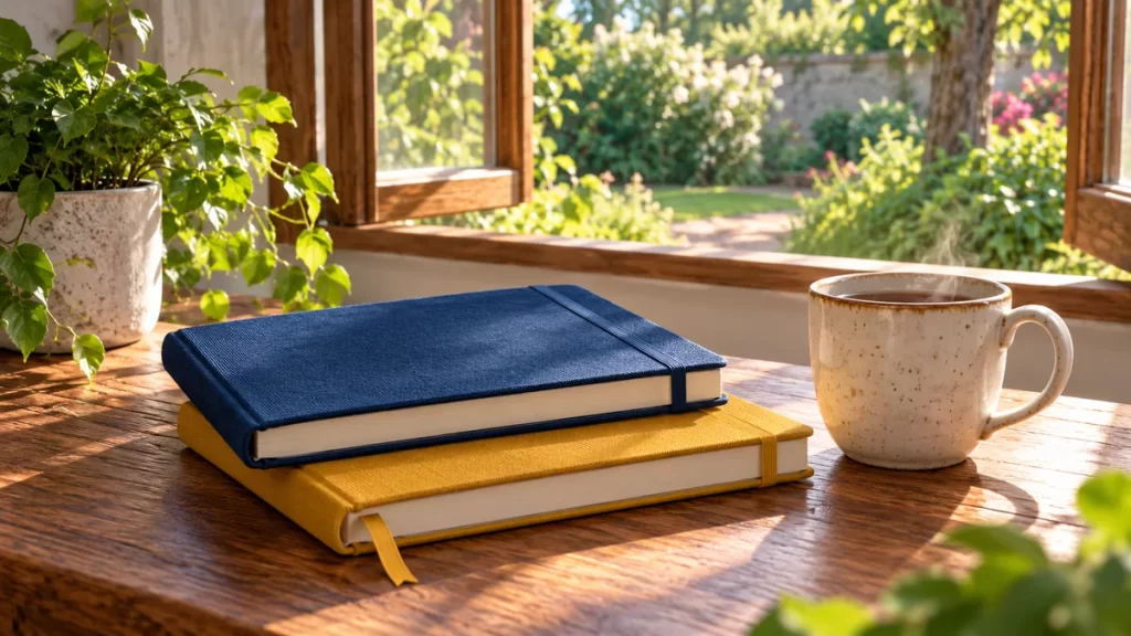 Cuadernos azul y ocre junto a una taza de cerámica.