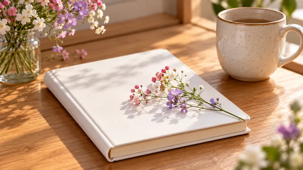 Cuaderno blanco y flores junto a una taza sobre una mesa.