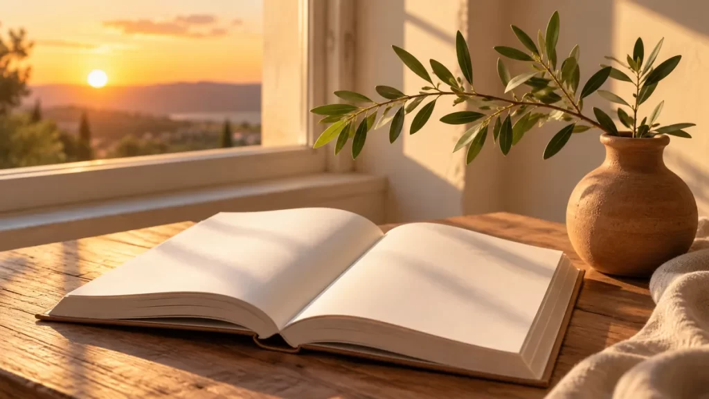 Libro de páginas blancas junto a una ventana al atardecer.