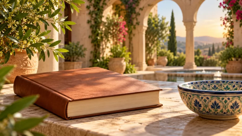 Libro cerrado y un cuenco sobre una mesa en un patio imaginado.