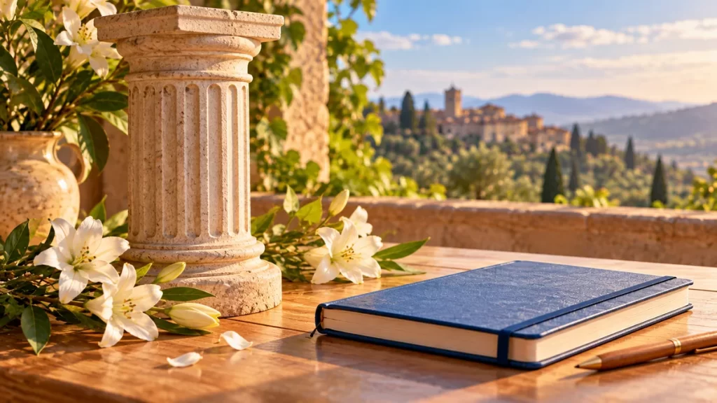 Pilar: origen, significado y formas del nombre 1 Columna pequeña junto a flores blancas y un libro azul cerrado.