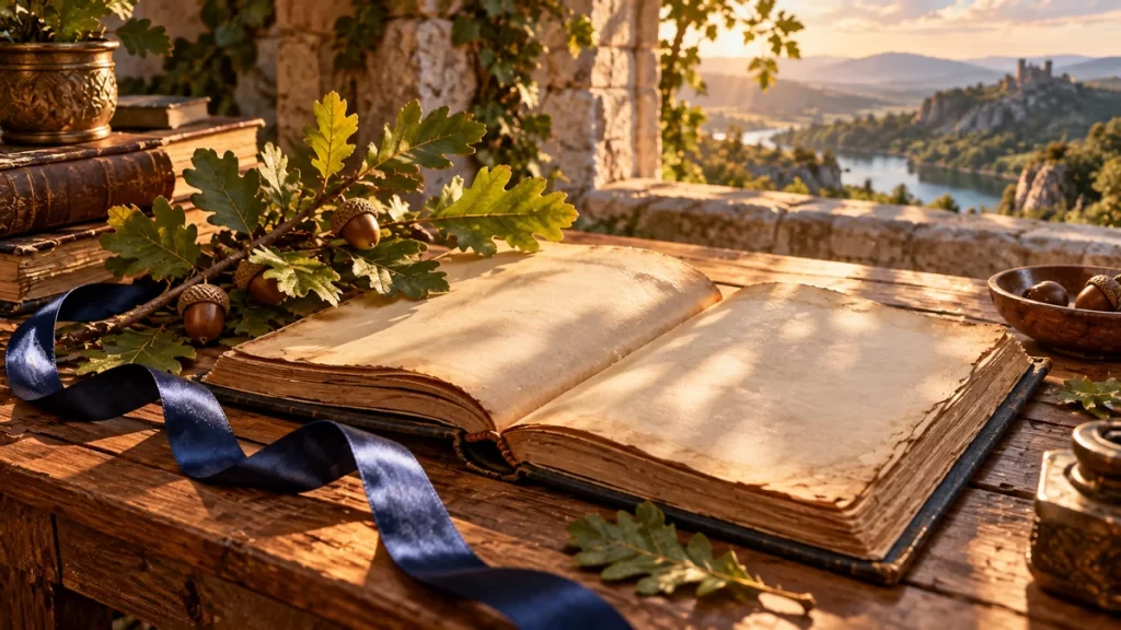 Cuaderno antiguo de páginas vacías con una rama de roble y una cinta azul.