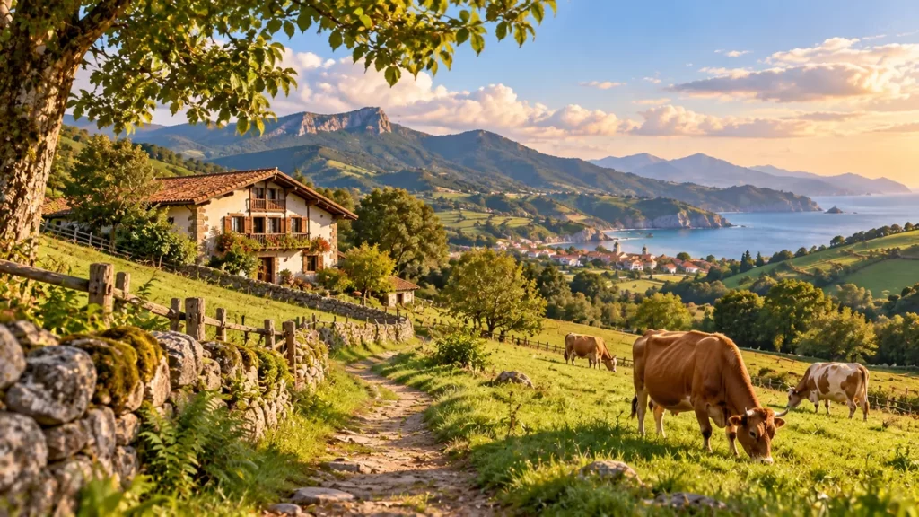 Unai: origen, significado y formas del nombre 1 Vacas en una pradera verde junto a casas y colinas, con una bahía al fondo.