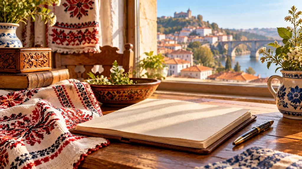 Cuaderno de páginas vacías junto a bordados, cerámica y una ventana con vista a un río.
