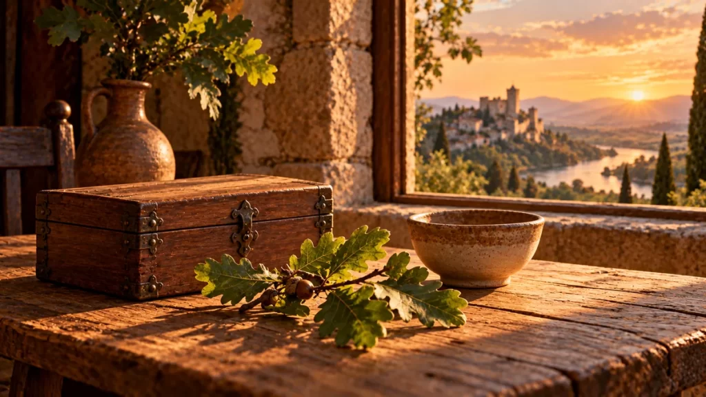 Alonso: origen, significado y formas del nombre 1 Caja de madera cerrada, rama de roble y cuenco de cerámica junto a una ventana.