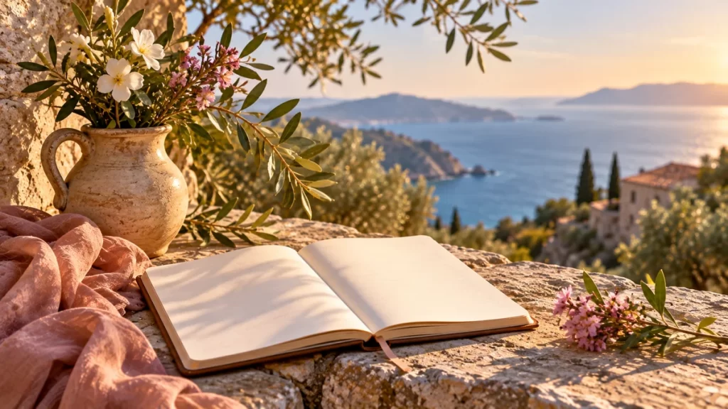 Cuaderno abierto sobre una terraza junto al mar, con flores y una vasija.