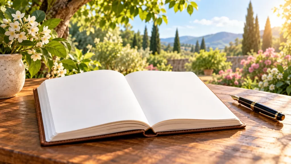 Cuaderno de páginas blancas y una pluma en un jardín.