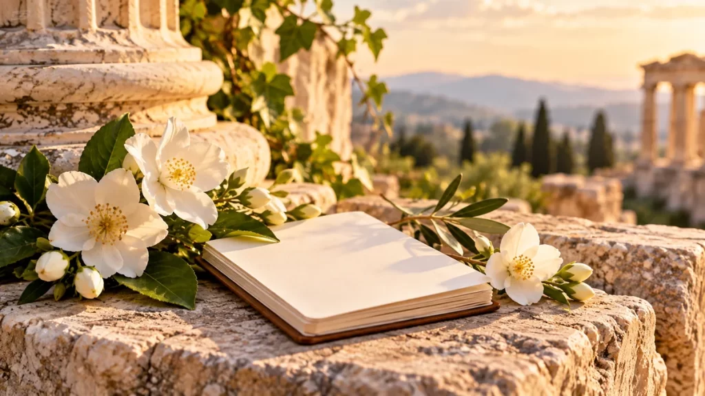 Cecilia: origen latino, significado y formas del nombre 1 Cuaderno sin letras junto a flores blancas y ruinas de columnas imaginadas.