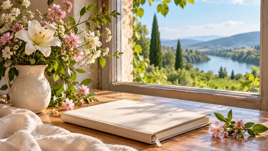 Cuaderno blanco y flores junto a una ventana.