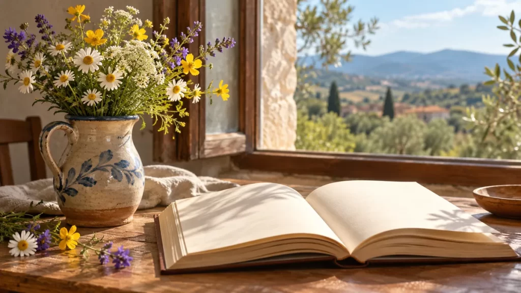 Libro abierto sin texto y un ramo de flores campestres.