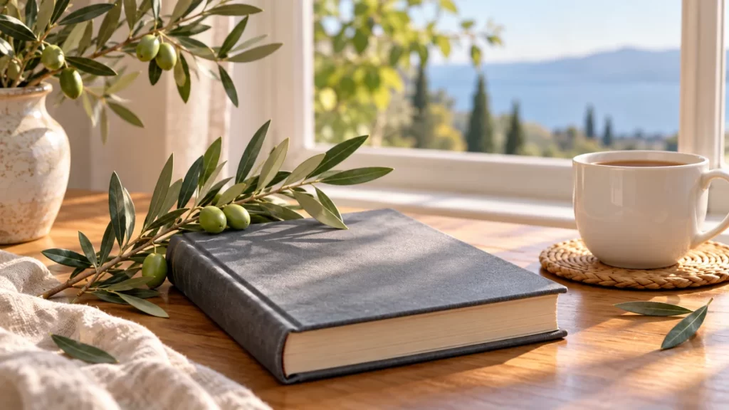Armando: origen, significado y formas del nombre 1 Libro gris y ramas de olivo junto a una taza blanca.