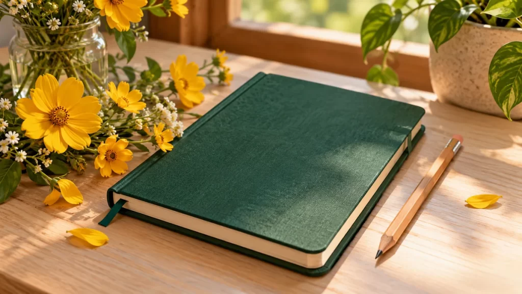 Nathan: origen, significado y formas del nombre 1 Cuaderno verde y flores amarillas en una mesa iluminada.