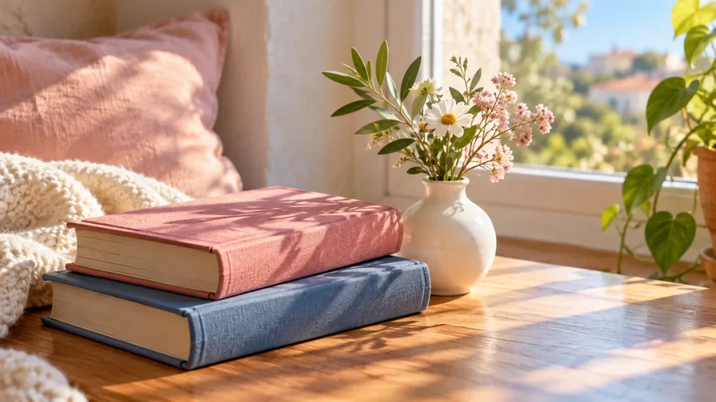 Libros de tapas rosa y azul junto a un jarrón de flores.